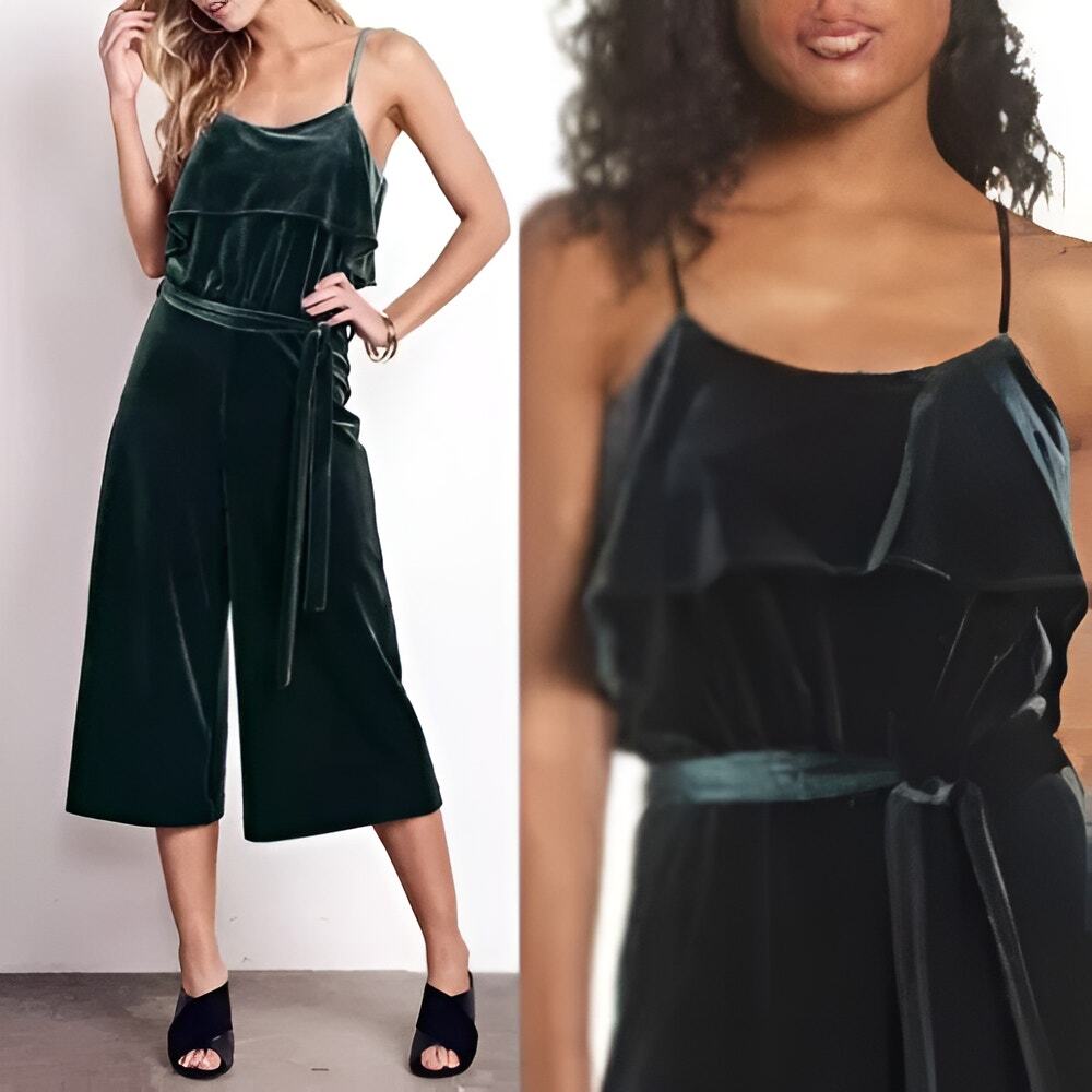 Ali & Jay Womens Party Hustle Culotte Velvet Crop Wide Leg Jumpsuit Size L Green